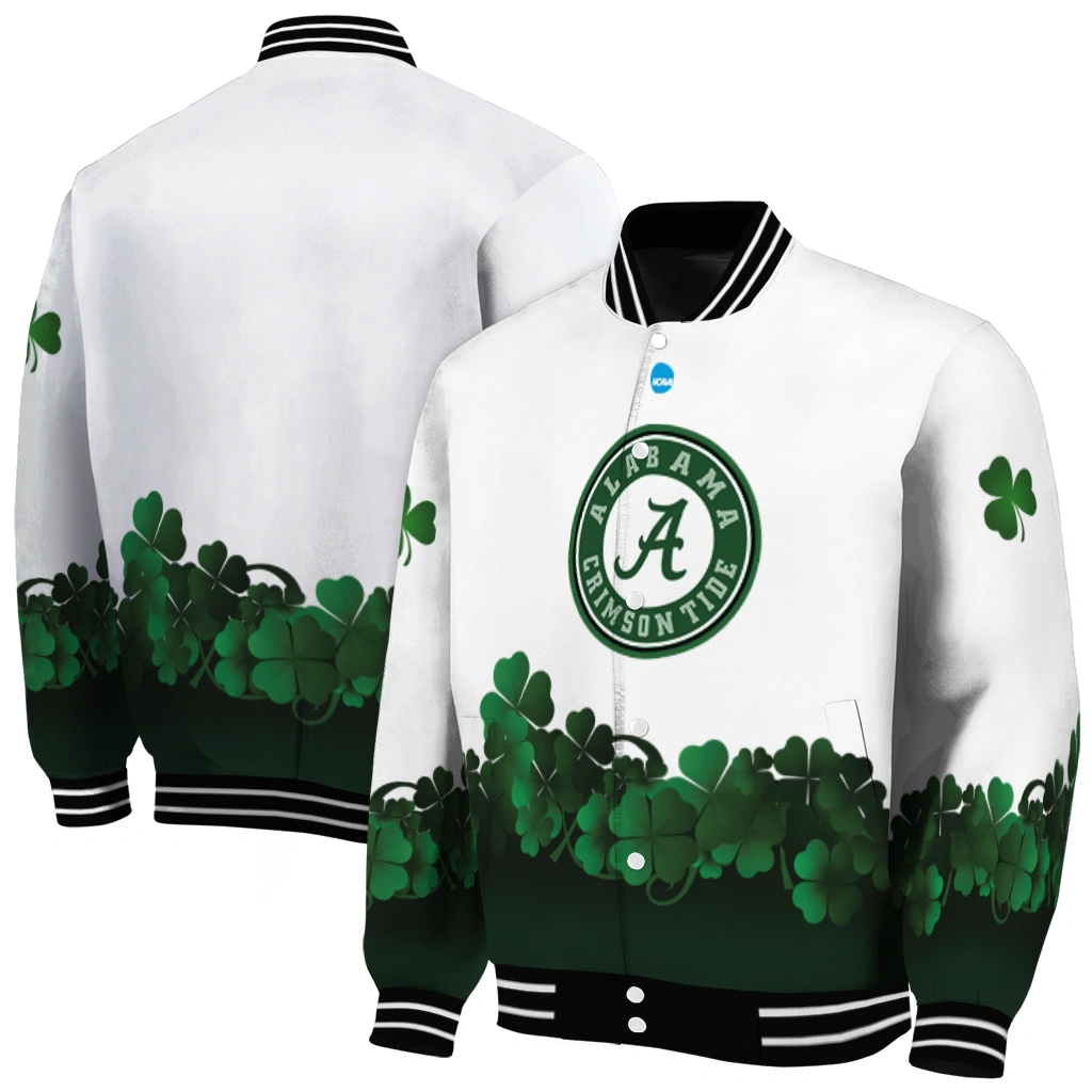 alabama crimson tide clovers pattern white green varsity jacket fashion forward alabama crimson tide clovers pattern white green varsity jacket fashion forward