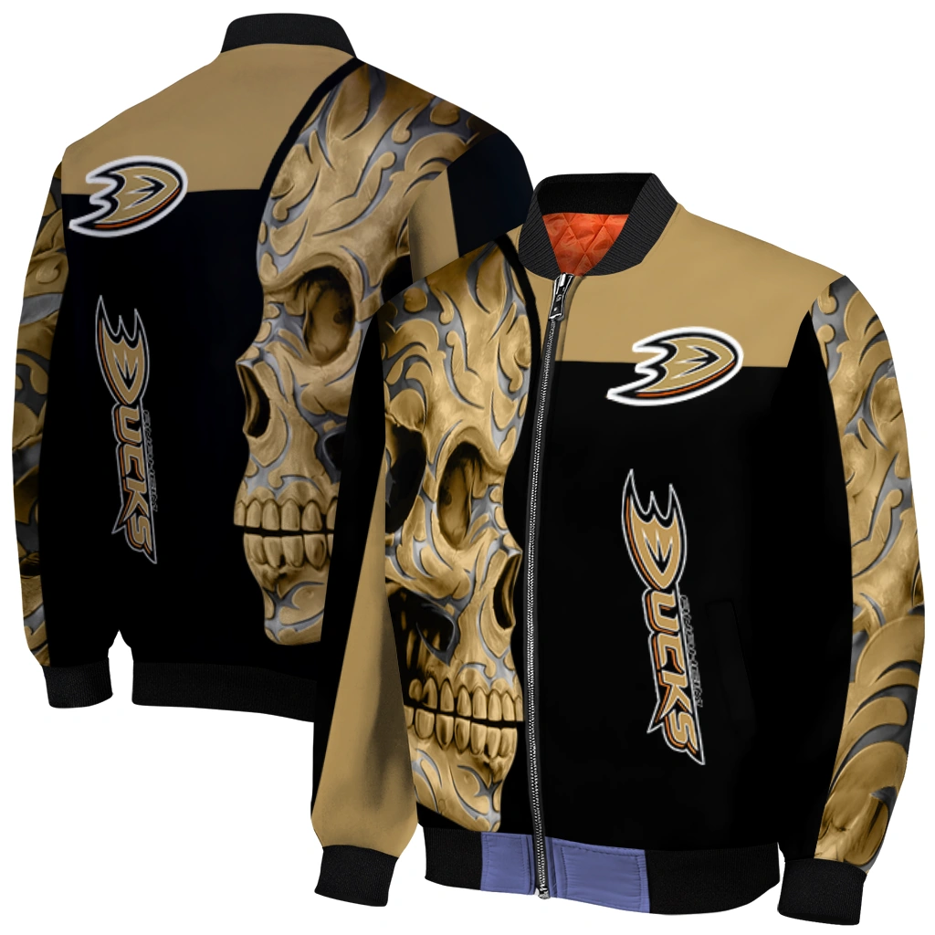 anaheim ducks fire skull gold black bomber jacket best selling anaheim ducks fire skull gold black bomber jacket best selling