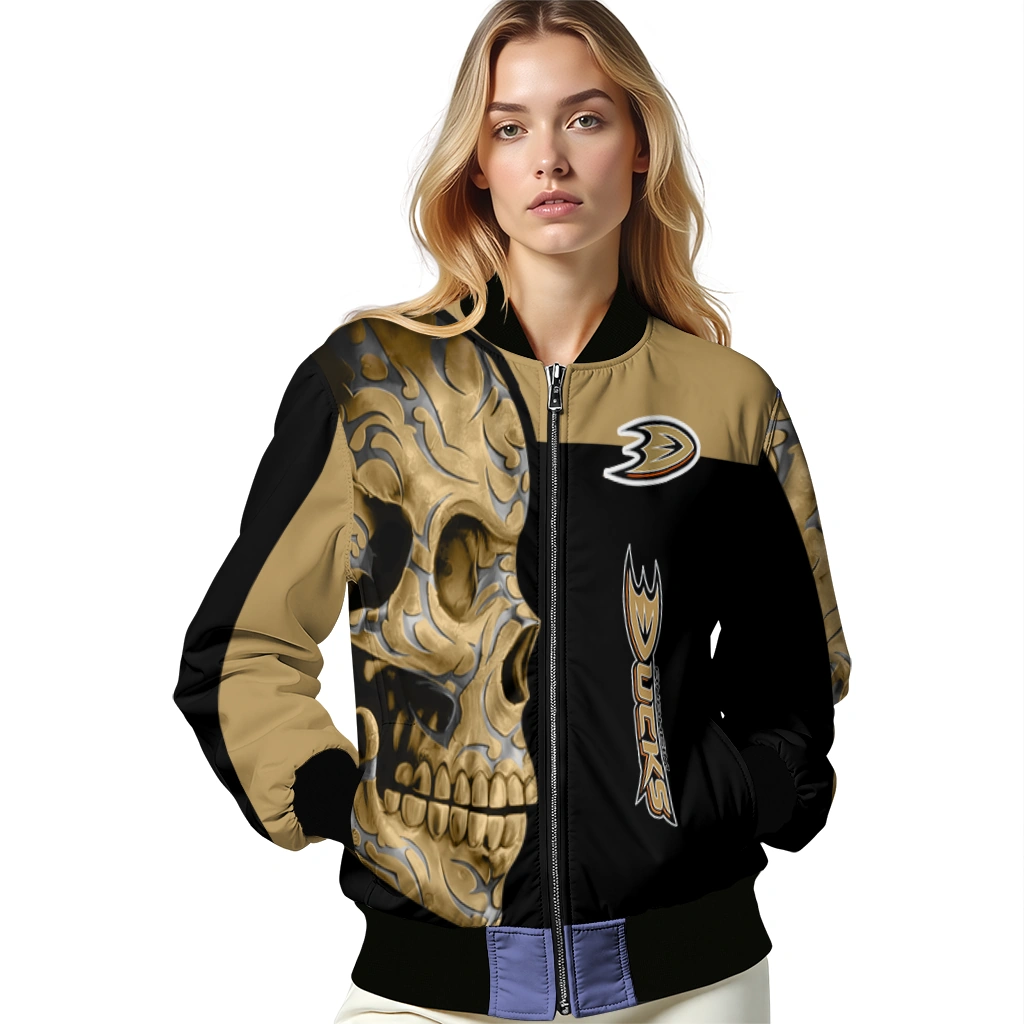 anaheim ducks fire skull gold black bomber jacket latest model anaheim ducks fire skull gold black bomber jacket latest model