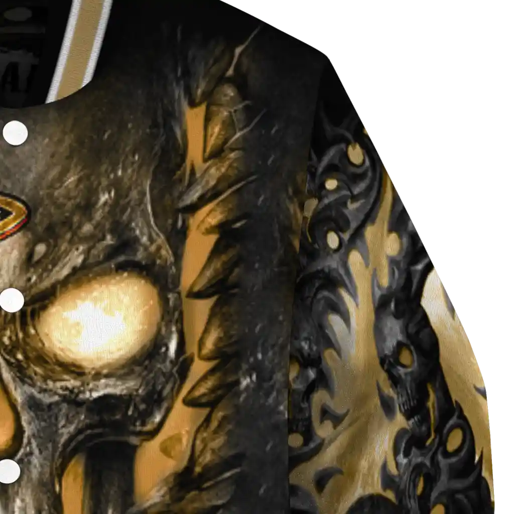 anaheim ducks inferno skull gold black varsity jacket premium grade anaheim ducks inferno skull gold black varsity jacket premium grade