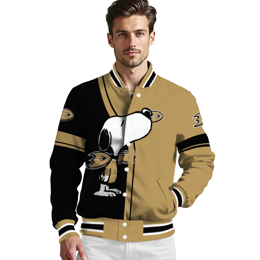 anaheim ducks snoopy attitude gold varsity jacket high quality anaheim ducks snoopy attitude gold varsity jacket high quality