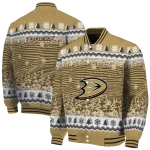 anaheim ducks snowy pines gold varsity jacket best selling
