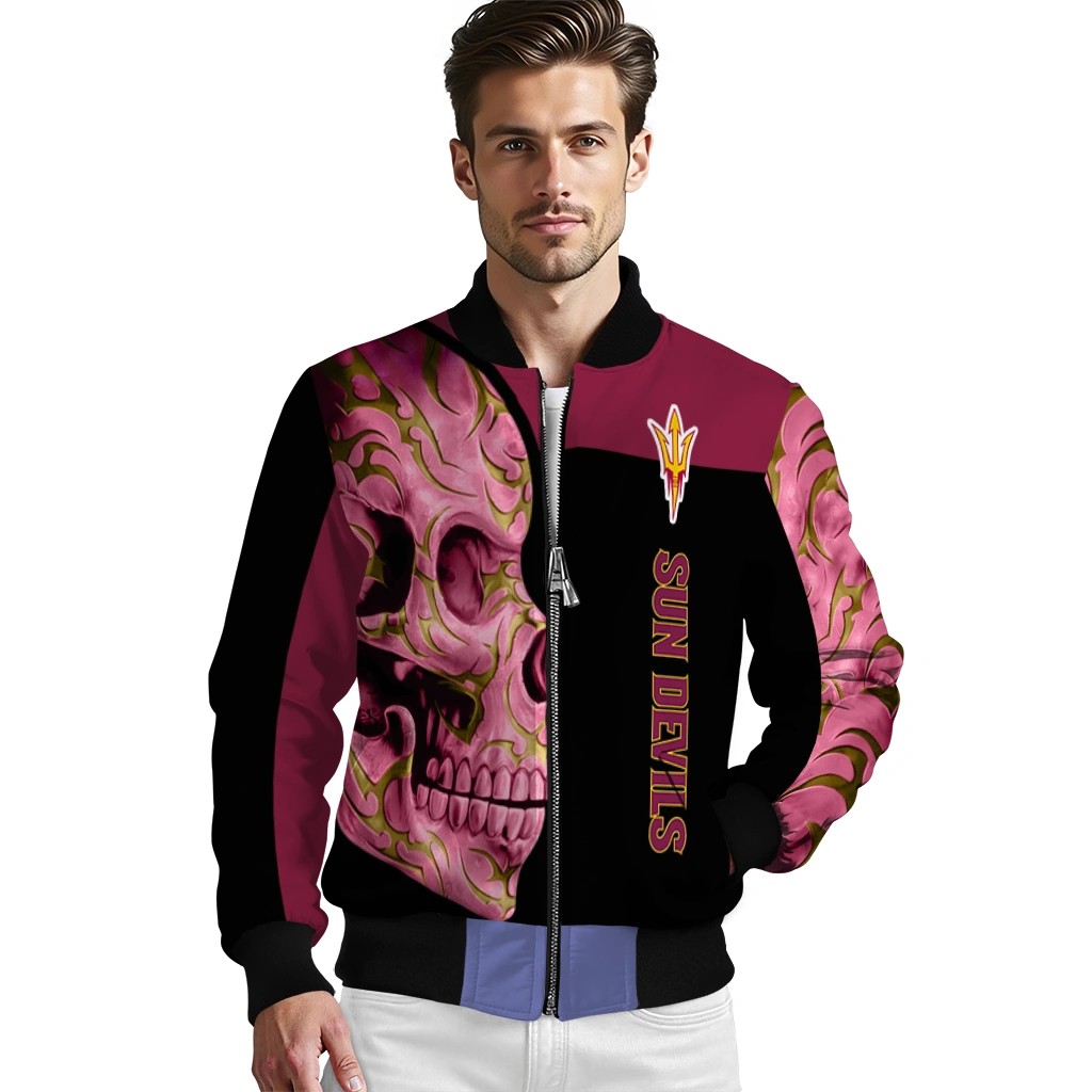 arizona state sun devils fire skull maroon black bomber jacket high quality arizona state sun devils fire skull maroon black bomber jacket high quality
