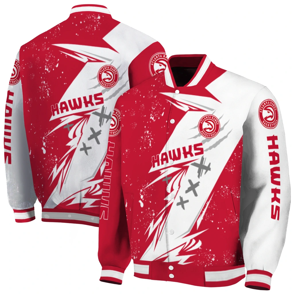 atlanta hawks ripped bolt red white varsity jacket fashion forward atlanta hawks ripped bolt red white varsity jacket fashion forward