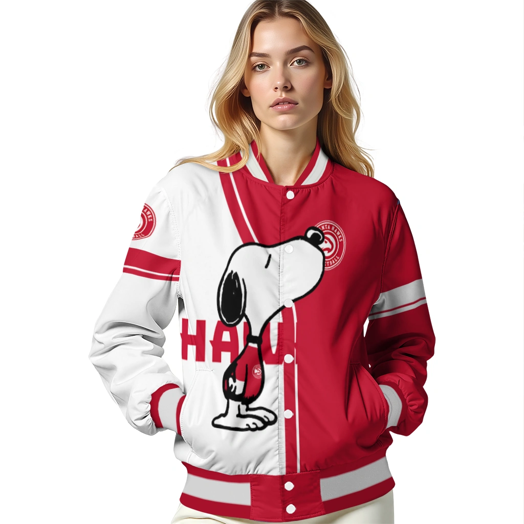 atlanta hawks snoopy attitude red varsity jacket latest model atlanta hawks snoopy attitude red varsity jacket latest model