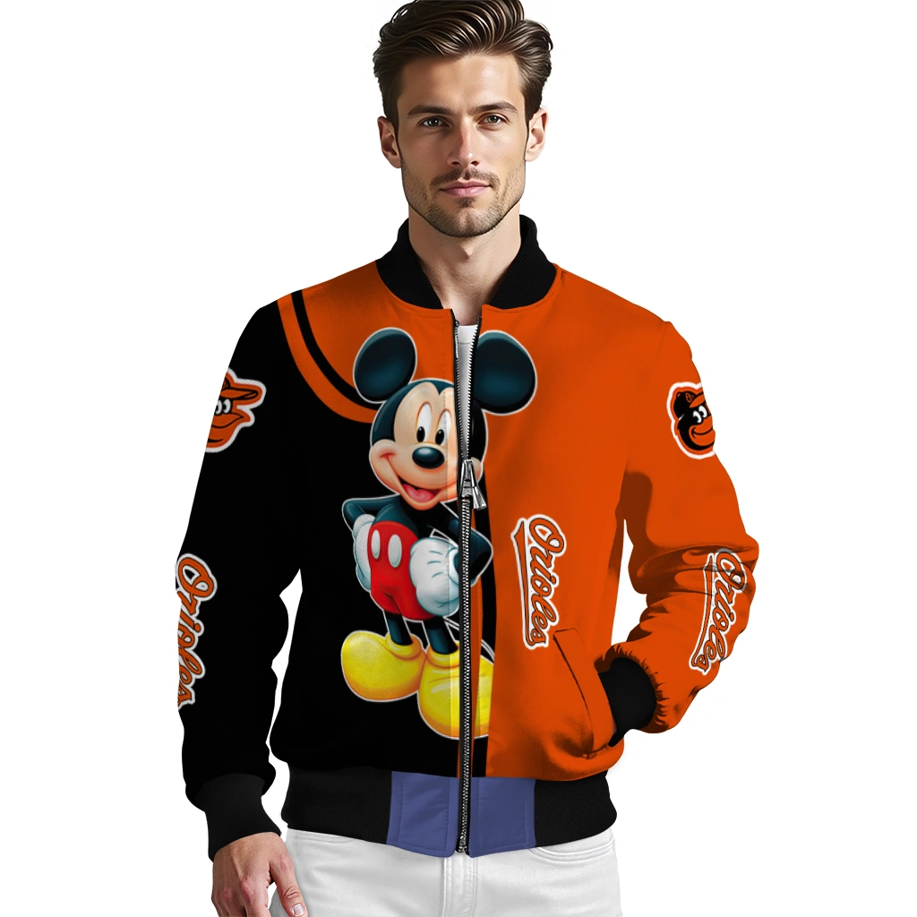 baltimore orioles mickey mouse orange bomber jacket high quality baltimore orioles mickey mouse orange bomber jacket high quality