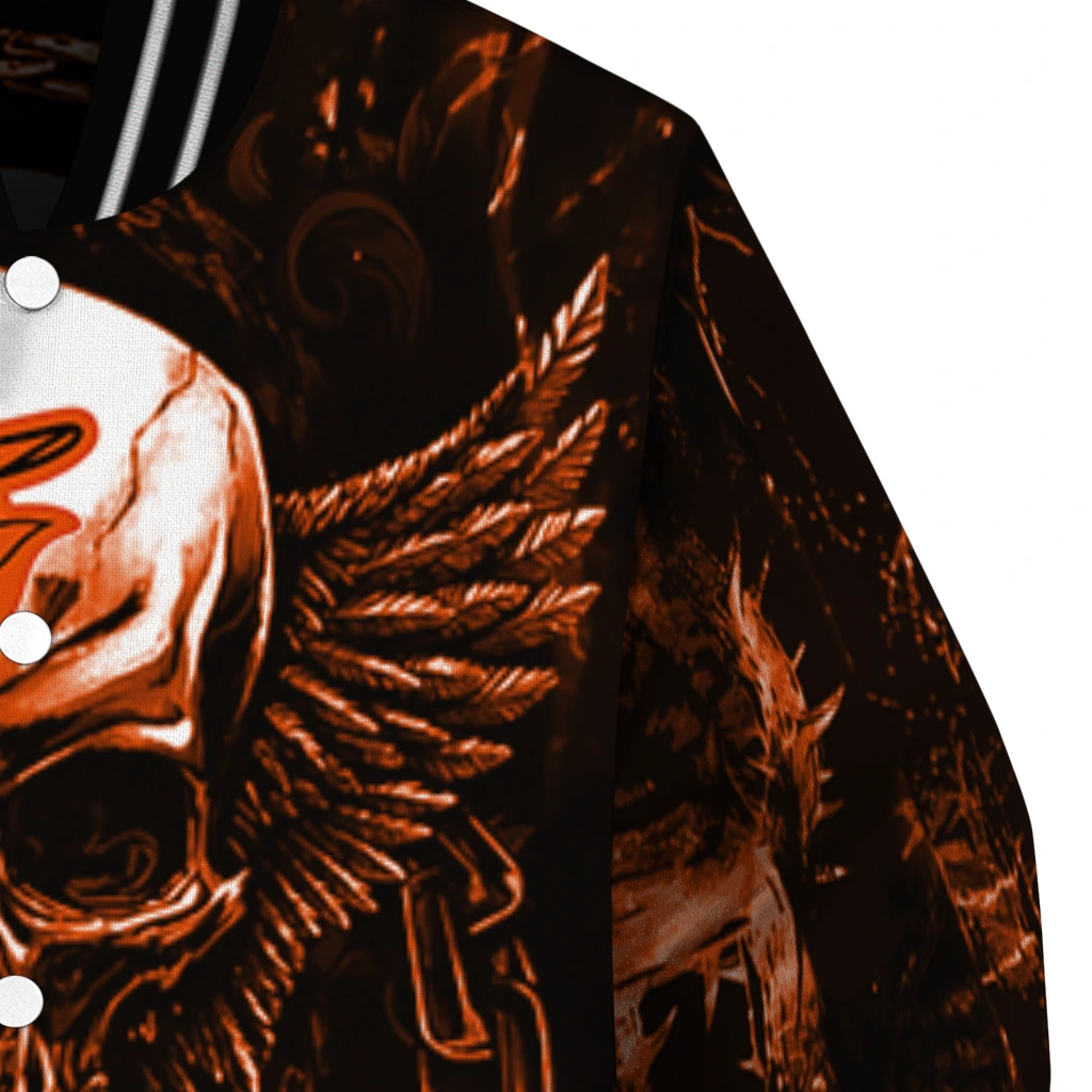baltimore orioles skull bite orange black varsity jacket premium grade baltimore orioles skull bite orange black varsity jacket premium grade