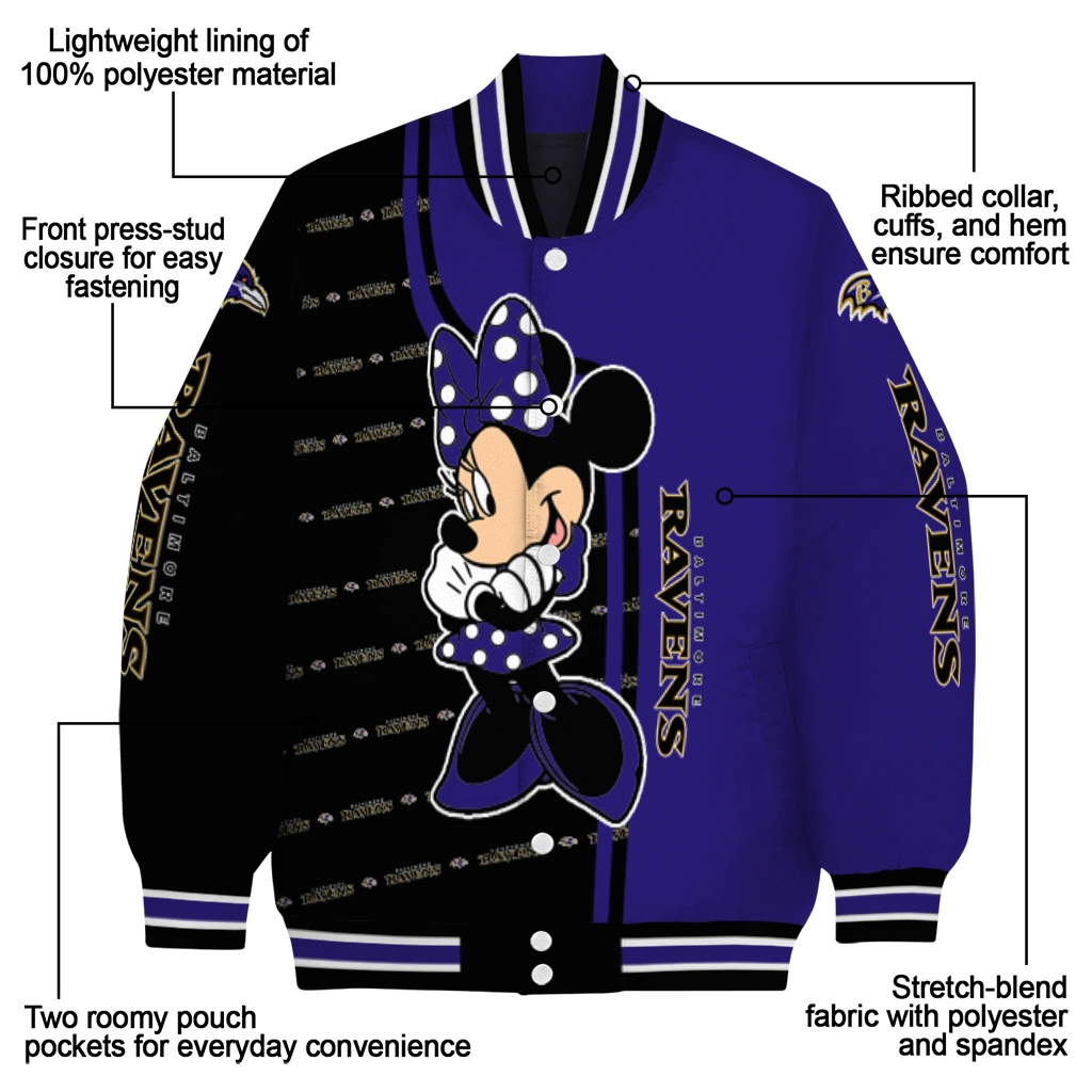 baltimore ravens minnie mouse purple varsity jacket new arrival baltimore ravens minnie mouse purple varsity jacket new arrival