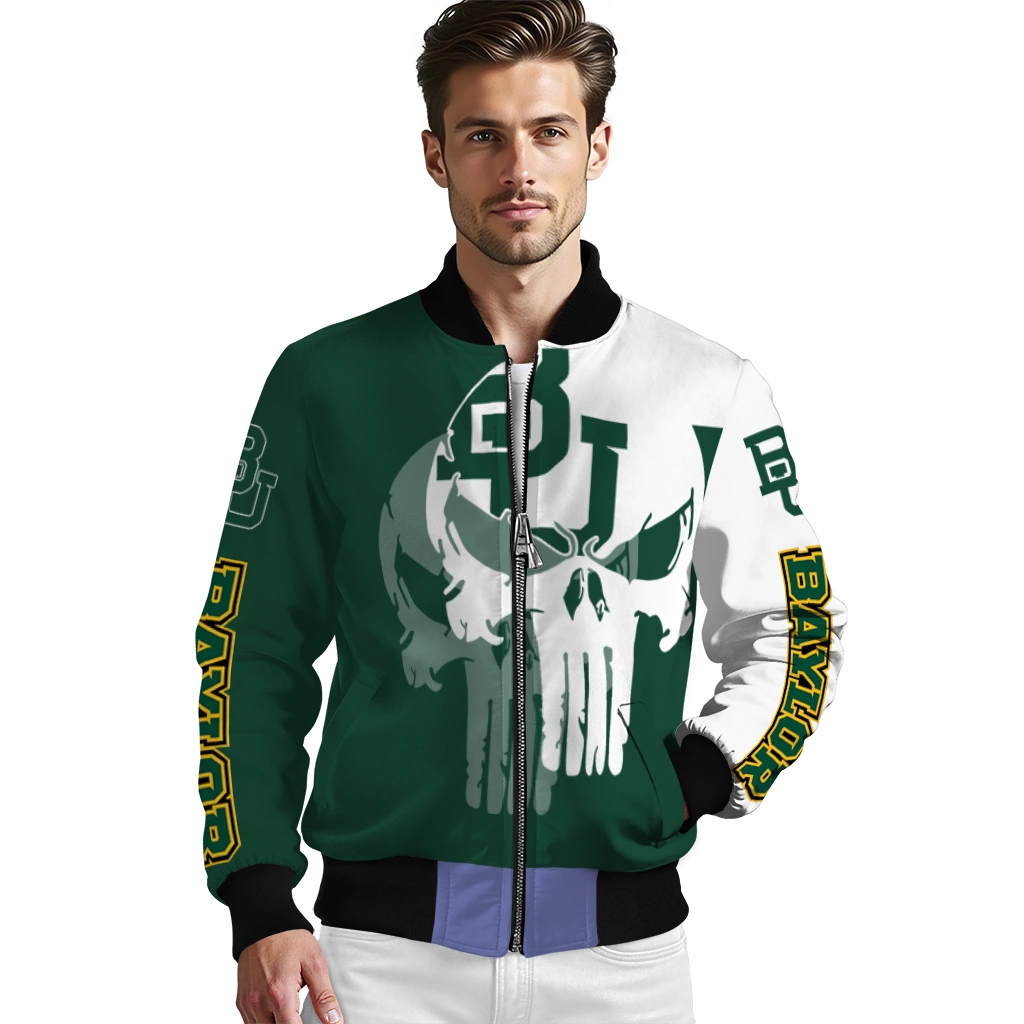 baylor bears skull outline green white bomber jacket high quality baylor bears skull outline green white bomber jacket high quality