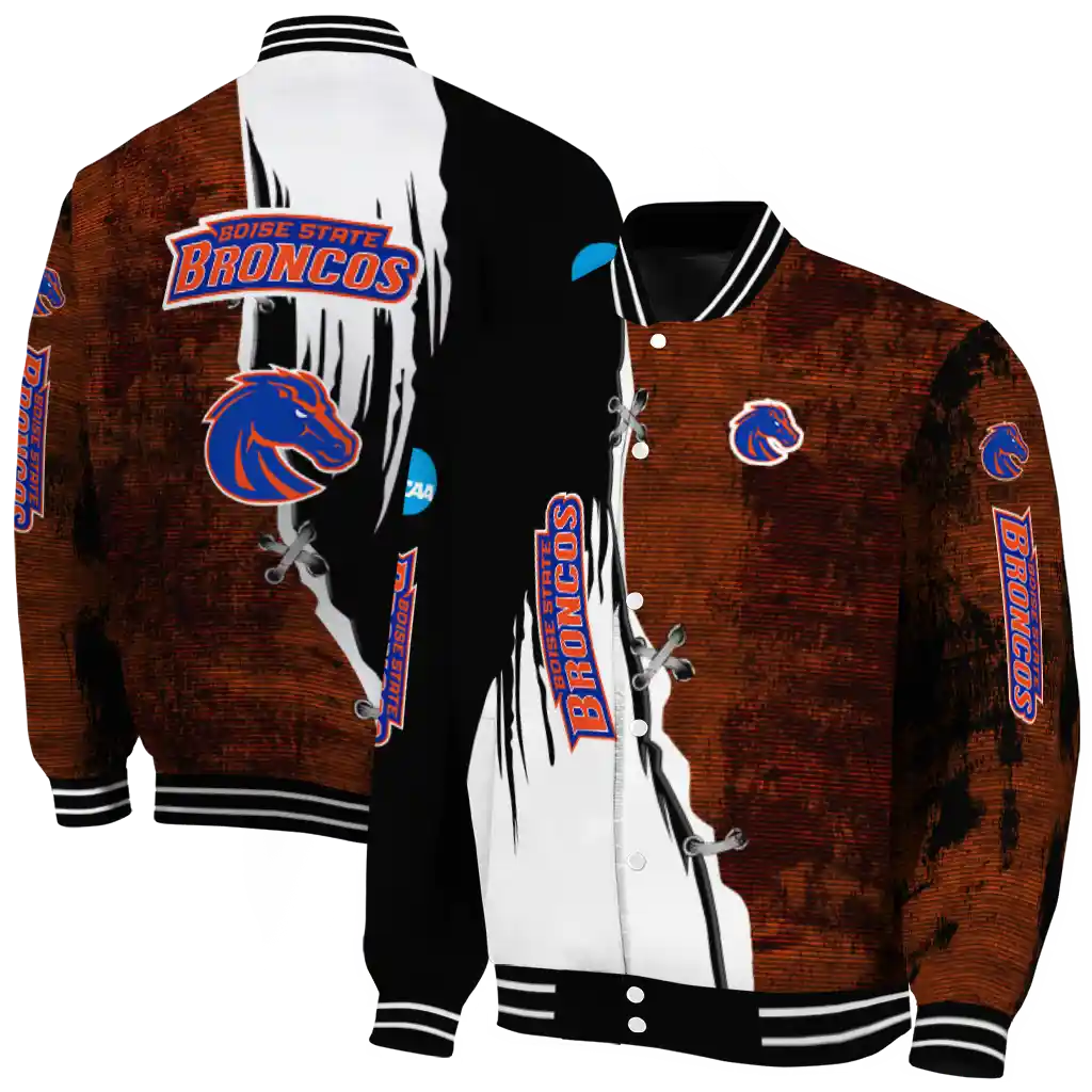 boise state broncos torn texture print orange black varsity jacket fashion forward boise state broncos torn texture print orange black varsity jacket fashion forward