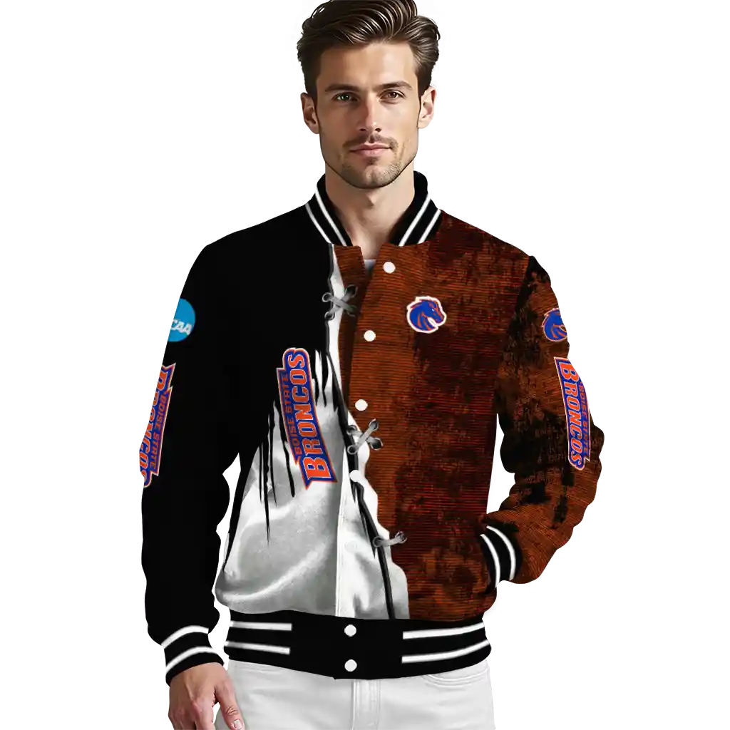 boise state broncos torn texture print orange black varsity jacket high quality boise state broncos torn texture print orange black varsity jacket high quality