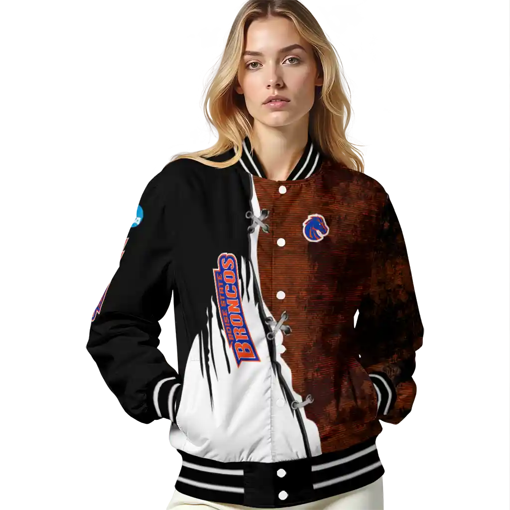 boise state broncos torn texture print orange black varsity jacket latest model boise state broncos torn texture print orange black varsity jacket latest model