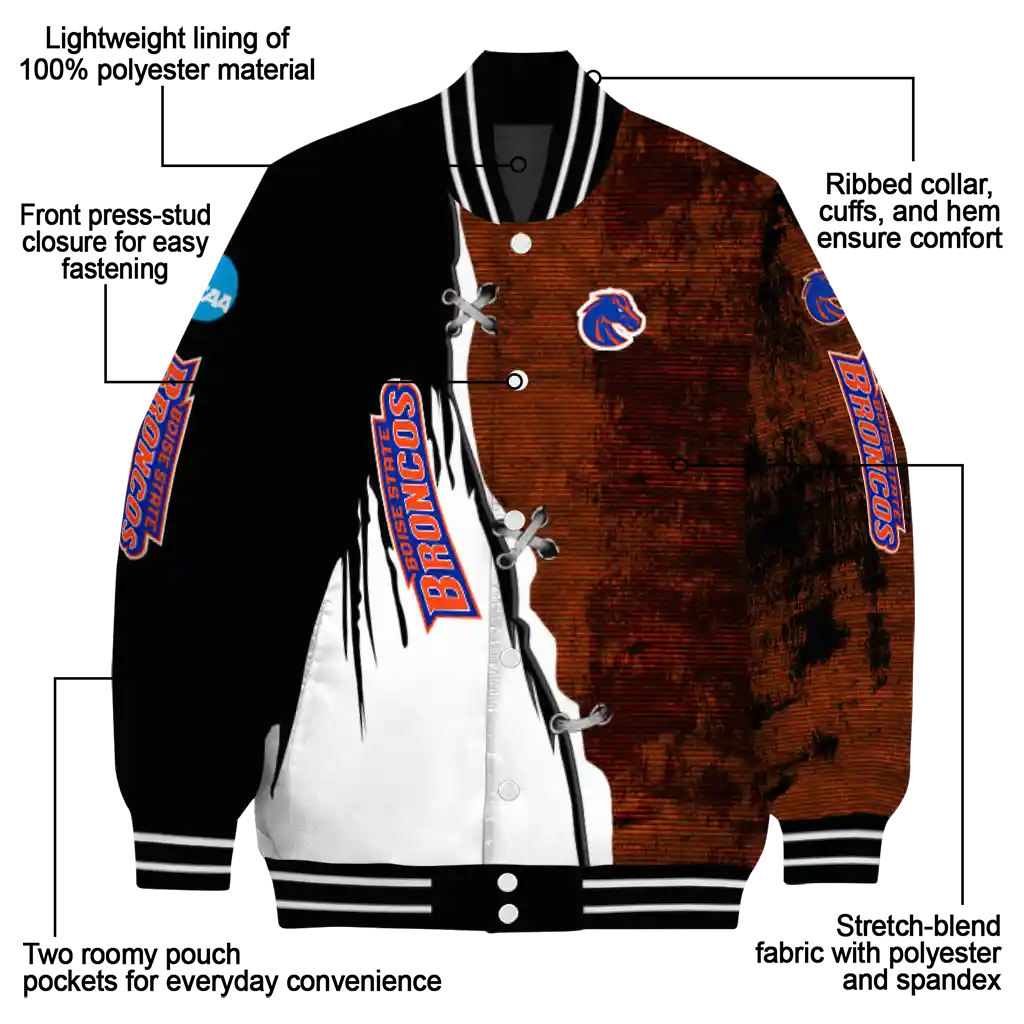 boise state broncos torn texture print orange black varsity jacket new arrival boise state broncos torn texture print orange black varsity jacket new arrival