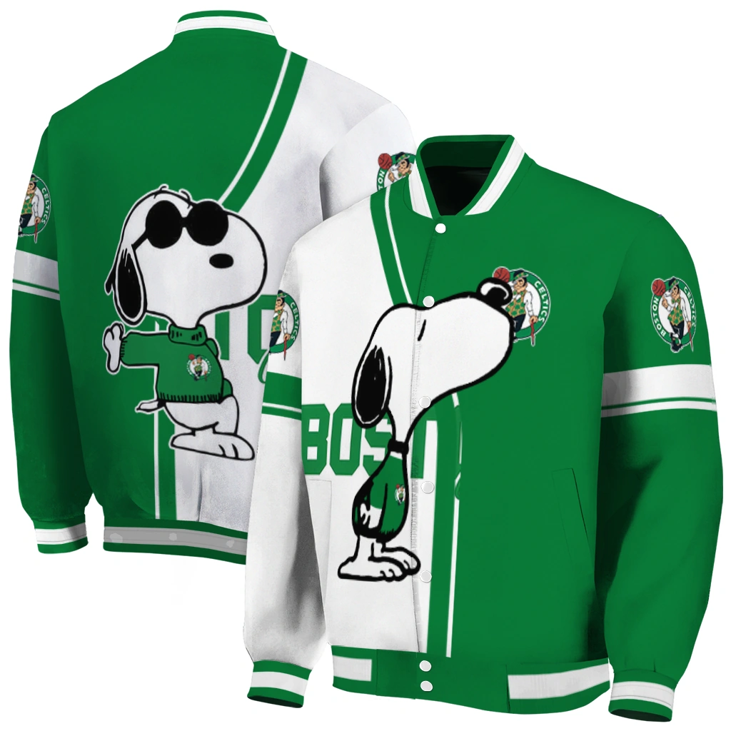 boston celtics snoopy attitude green varsity jacket fashion forward boston celtics snoopy attitude green varsity jacket fashion forward