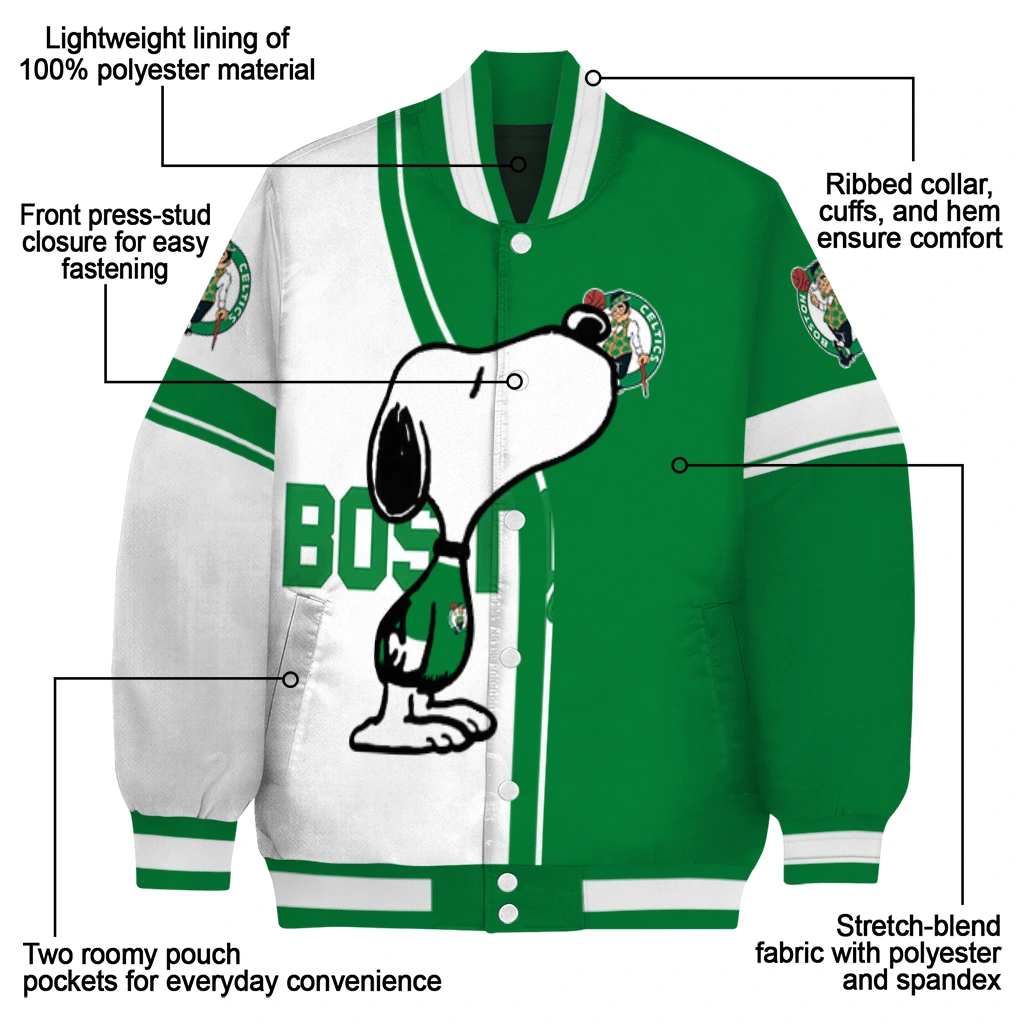 boston celtics snoopy attitude green varsity jacket new arrival boston celtics snoopy attitude green varsity jacket new arrival