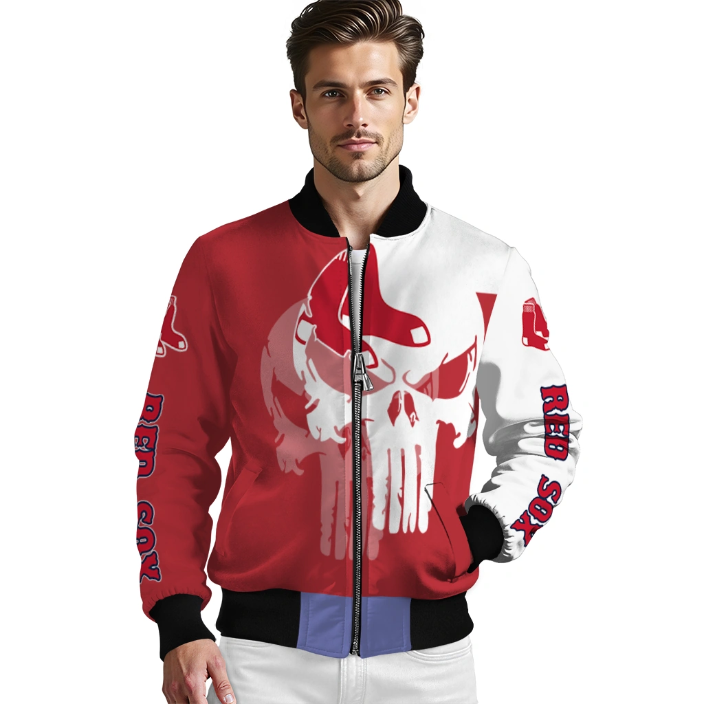boston red sox skull outline red white bomber jacket high quality boston red sox skull outline red white bomber jacket high quality