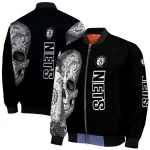 brooklyn nets intricate skull black bomber jacket best selling