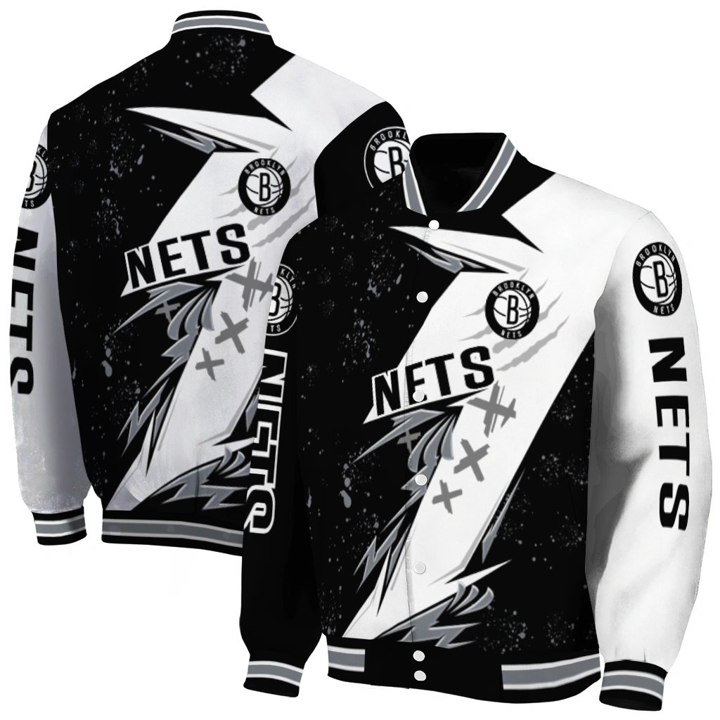 brooklyn nets ripped bolt black white varsity jacket fashion forward brooklyn nets ripped bolt black white varsity jacket fashion forward