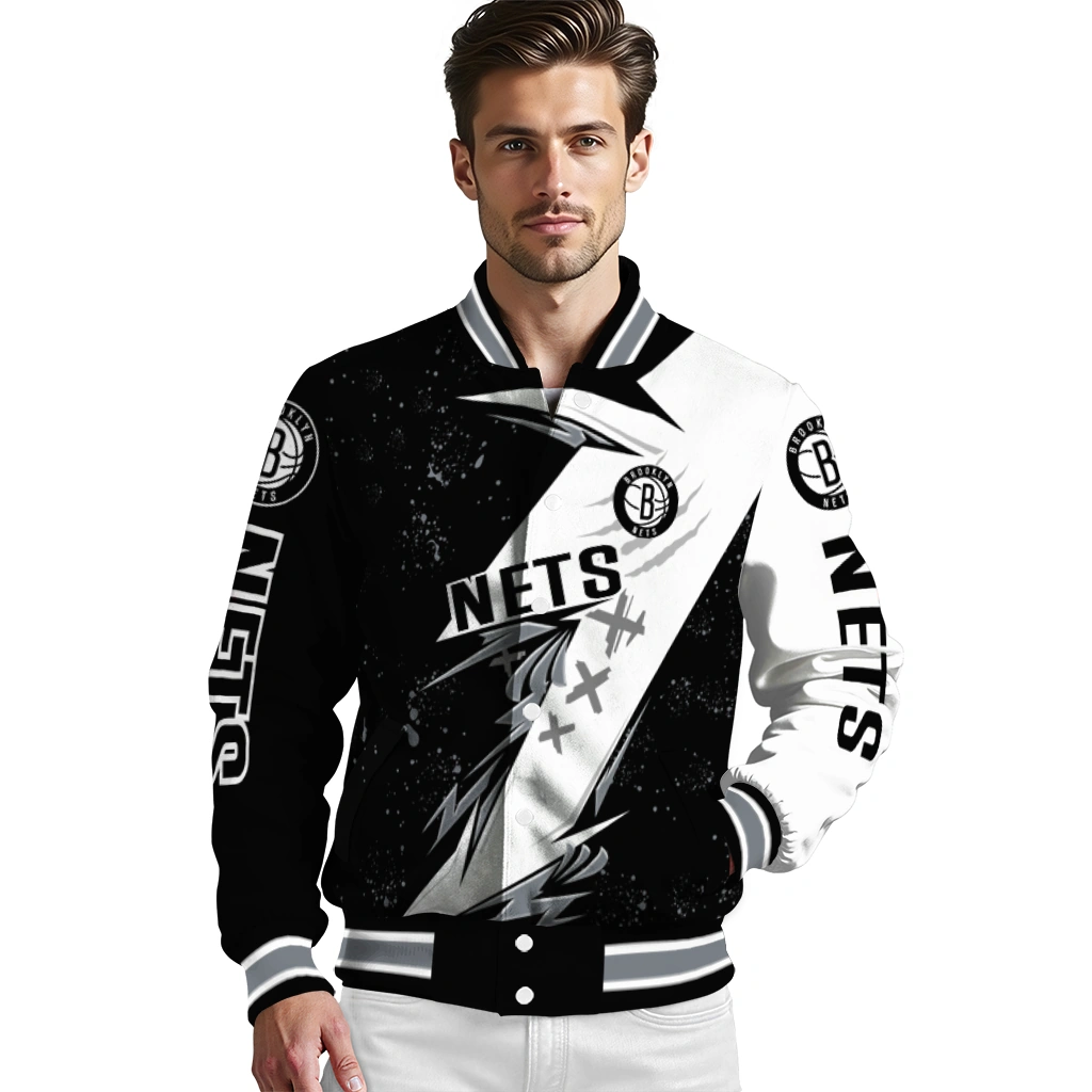 brooklyn nets ripped bolt black white varsity jacket high quality brooklyn nets ripped bolt black white varsity jacket high quality