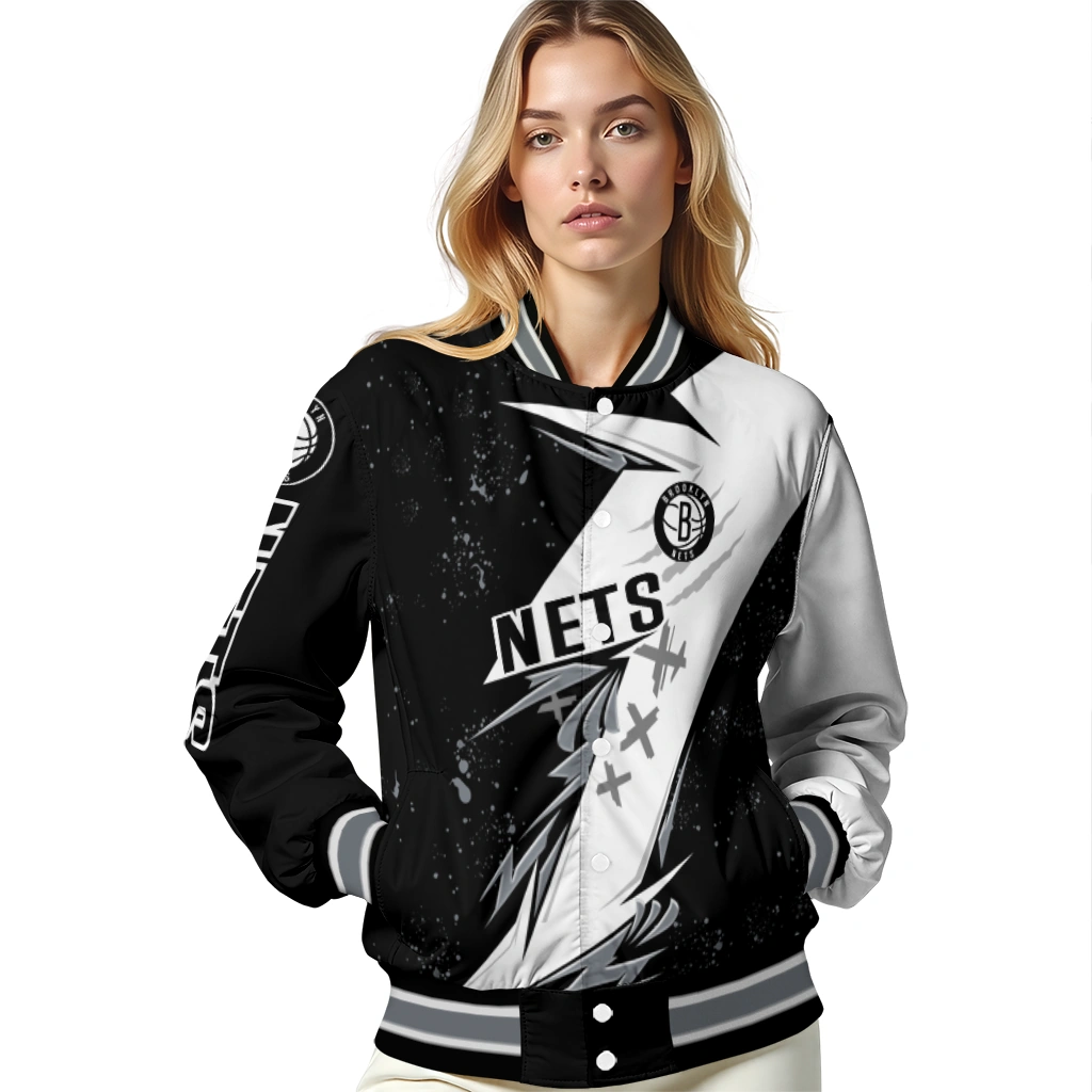 brooklyn nets ripped bolt black white varsity jacket latest model brooklyn nets ripped bolt black white varsity jacket latest model
