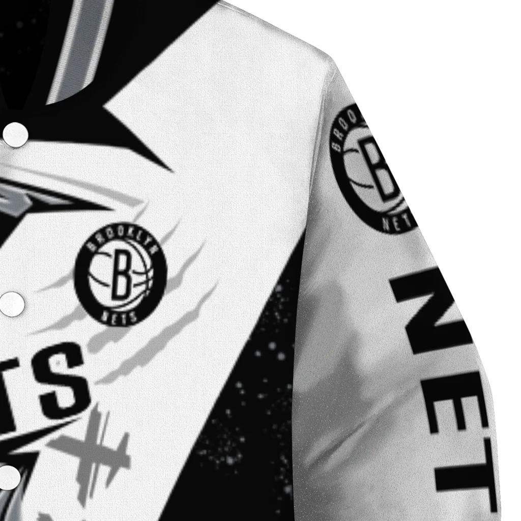 brooklyn nets ripped bolt black white varsity jacket premium grade brooklyn nets ripped bolt black white varsity jacket premium grade
