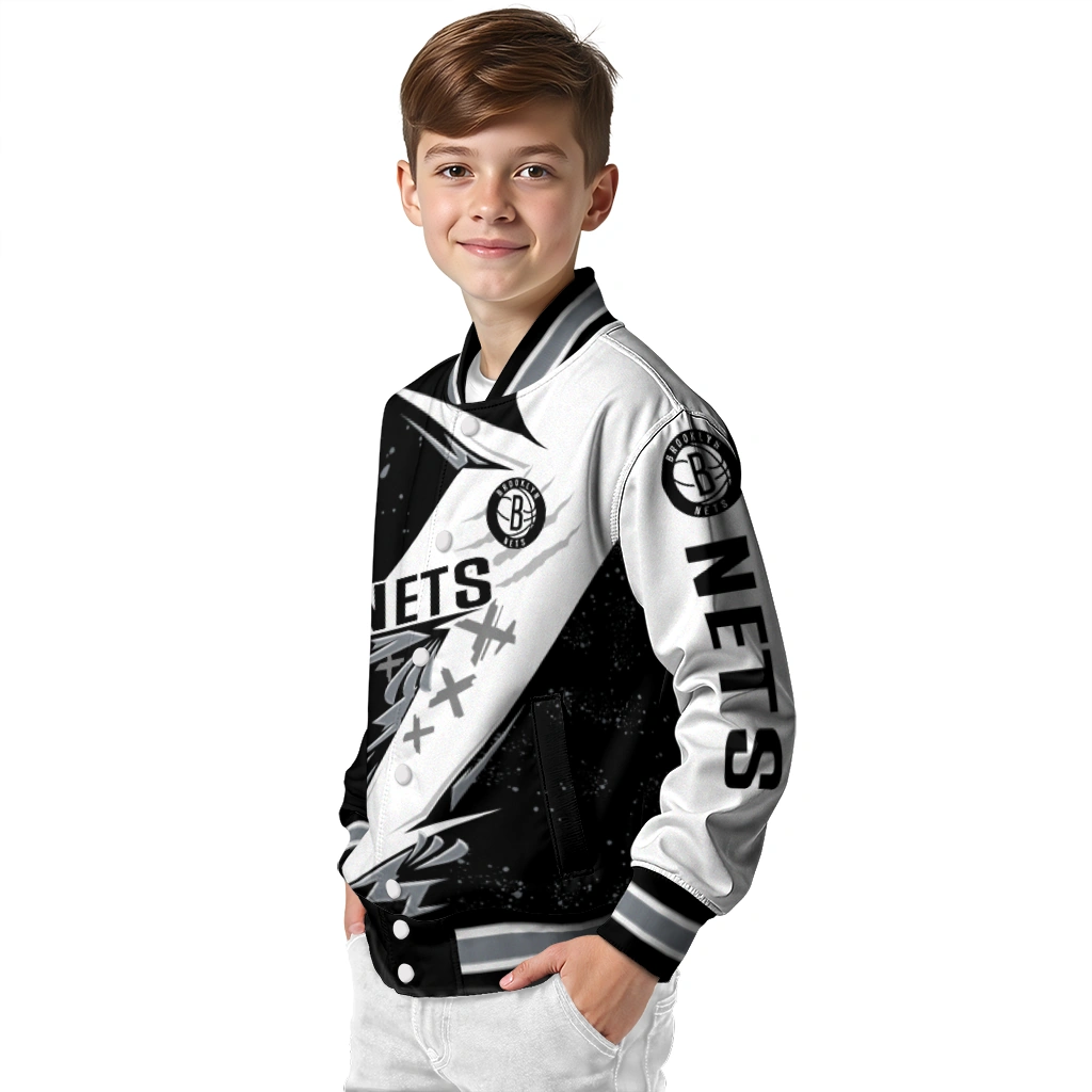 brooklyn nets ripped bolt black white varsity jacket trendy brooklyn nets ripped bolt black white varsity jacket trendy