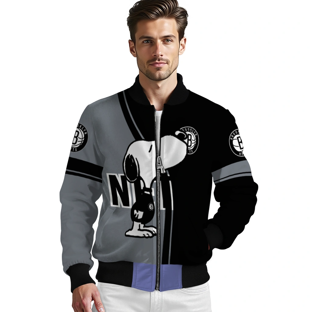 brooklyn nets snoopy attitude black bomber jacket high quality brooklyn nets snoopy attitude black bomber jacket high quality