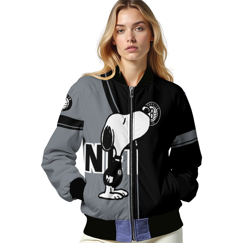 brooklyn nets snoopy attitude black bomber jacket latest model brooklyn nets snoopy attitude black bomber jacket latest model