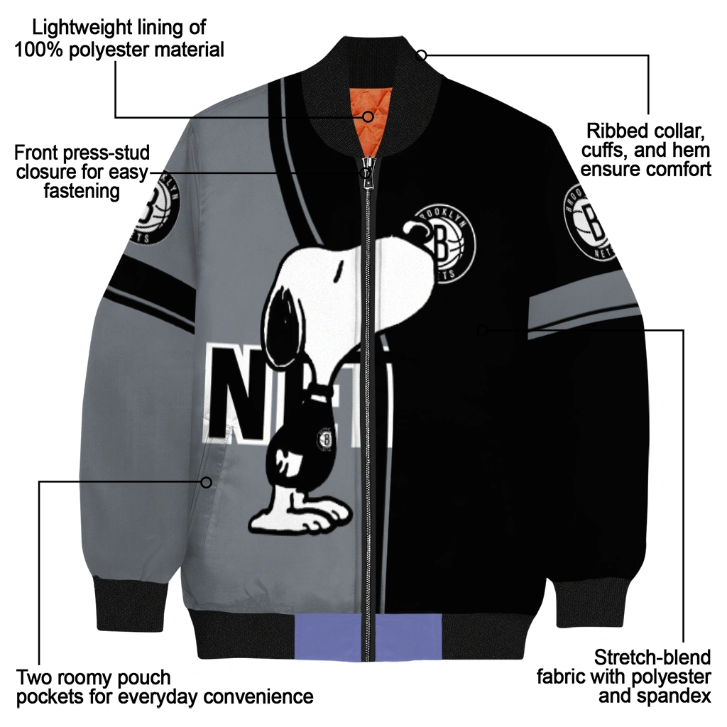 brooklyn nets snoopy attitude black bomber jacket new arrival brooklyn nets snoopy attitude black bomber jacket new arrival