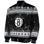 brooklyn nets snowy pines black varsity jacket best selling