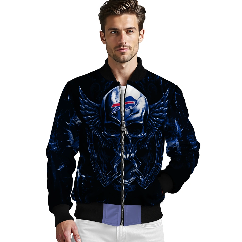 buffalo bills skull bite blue black bomber jacket high quality buffalo bills skull bite blue black bomber jacket high quality