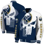 buffalo sabres skull outline navy blue white varsity jacket best selling