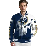 buffalo sabres skull outline navy blue white varsity jacket best selling
