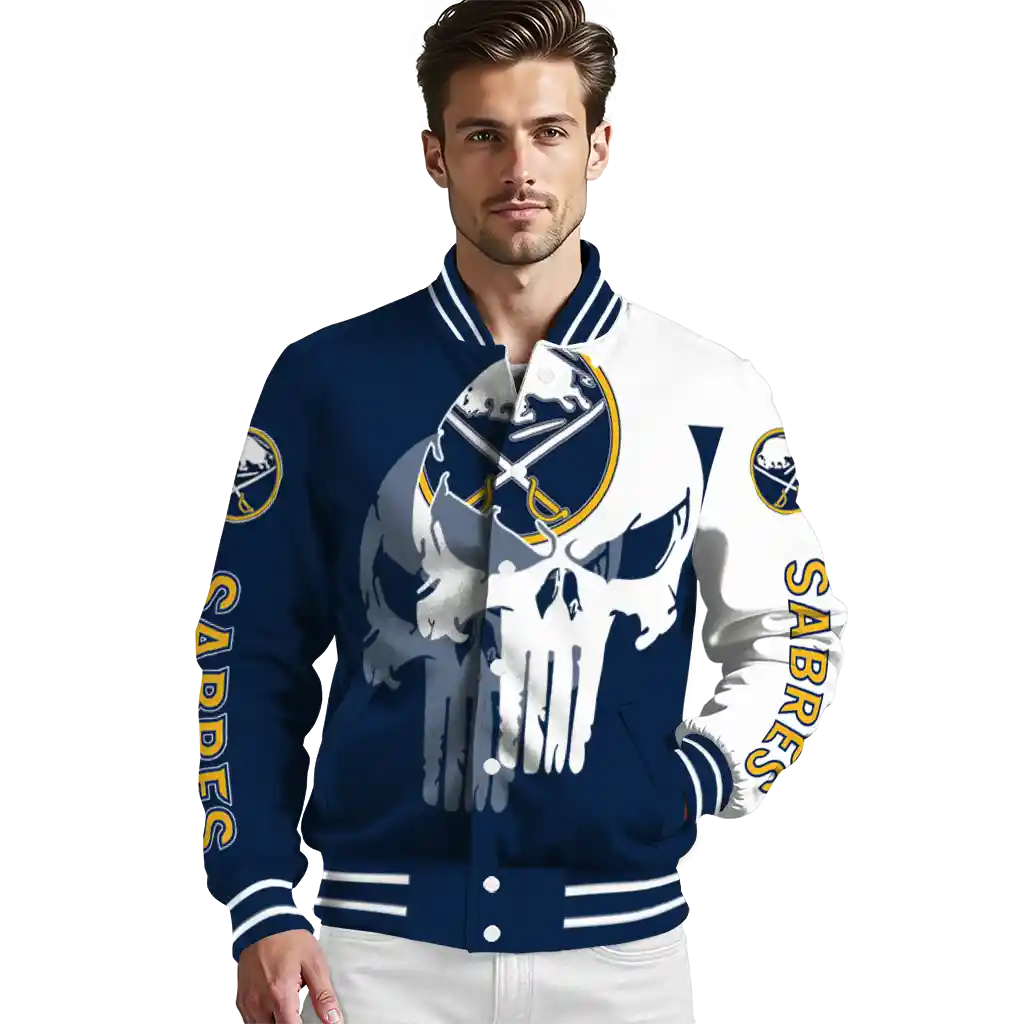 buffalo sabres skull outline navy blue white varsity jacket high quality buffalo sabres skull outline navy blue white varsity jacket high quality