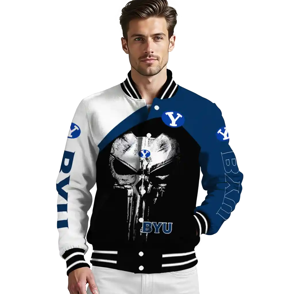 byu cougars edgy mask blue black varsity jacket high quality byu cougars edgy mask blue black varsity jacket high quality