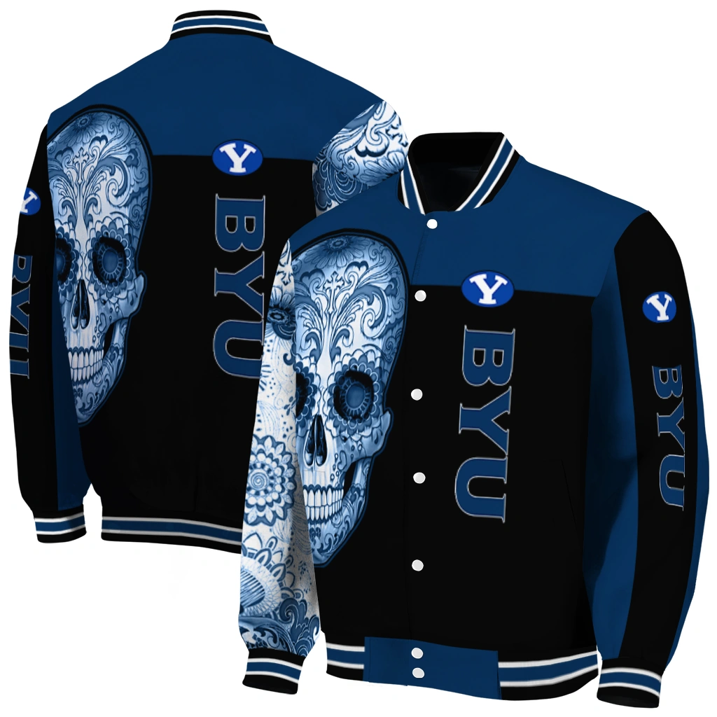 byu cougars intricate skull blue black varsity jacket fashion forward byu cougars intricate skull blue black varsity jacket fashion forward