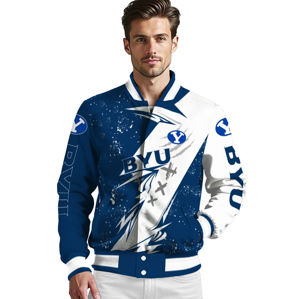 byu cougars ripped bolt blue white varsity jacket high quality byu cougars ripped bolt blue white varsity jacket high quality