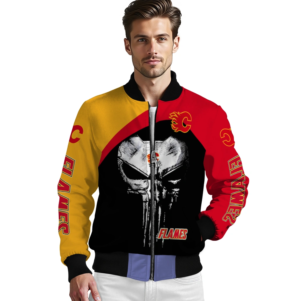 calgary flames edgy mask red black bomber jacket high quality calgary flames edgy mask red black bomber jacket high quality