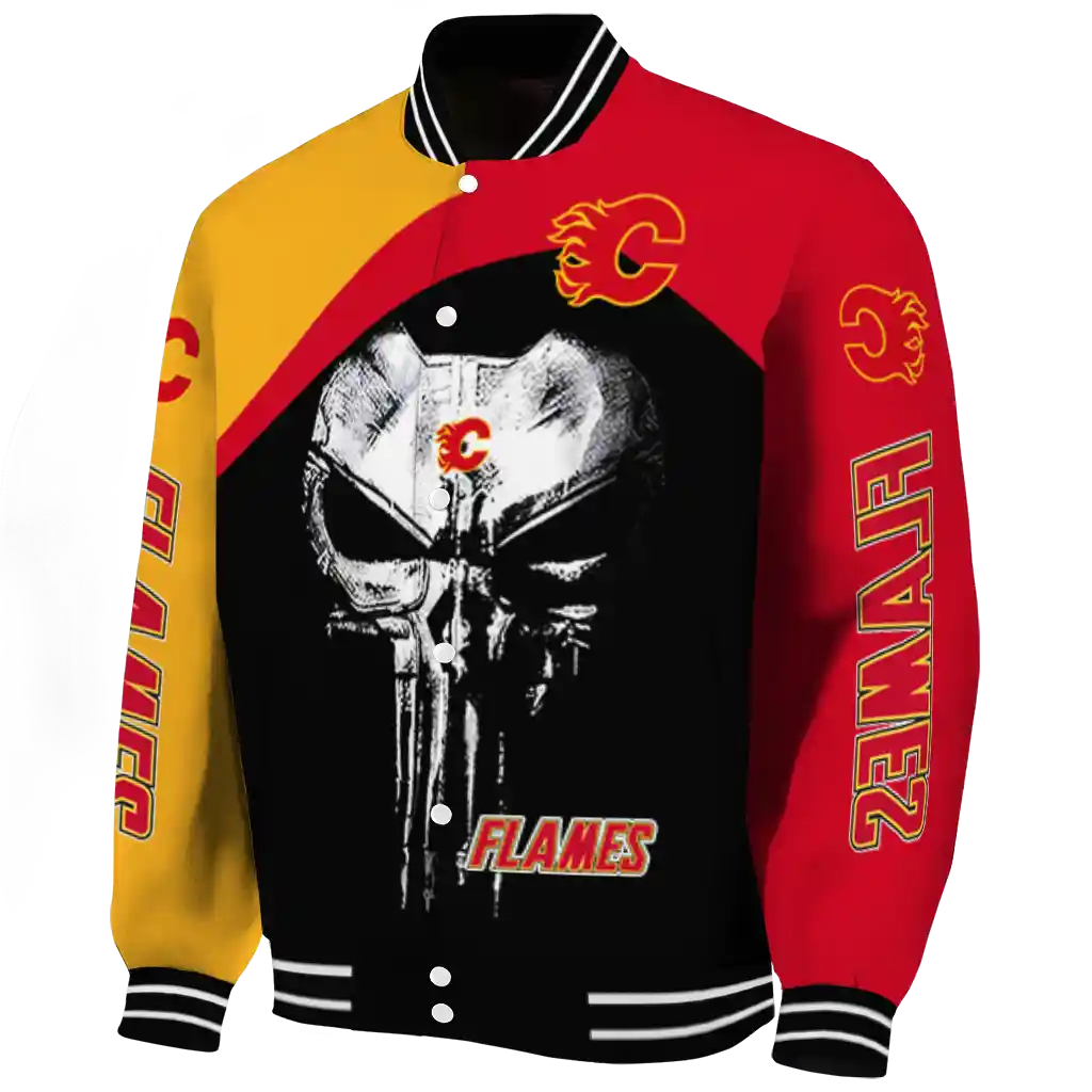 calgary flames edgy mask red black varsity jacket best selling calgary flames edgy mask red black varsity jacket best selling