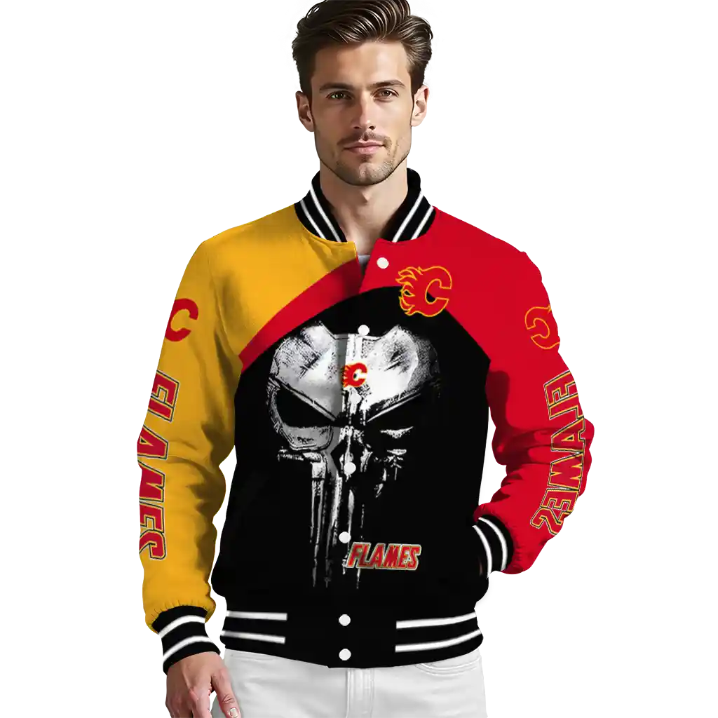 calgary flames edgy mask red black varsity jacket high quality calgary flames edgy mask red black varsity jacket high quality
