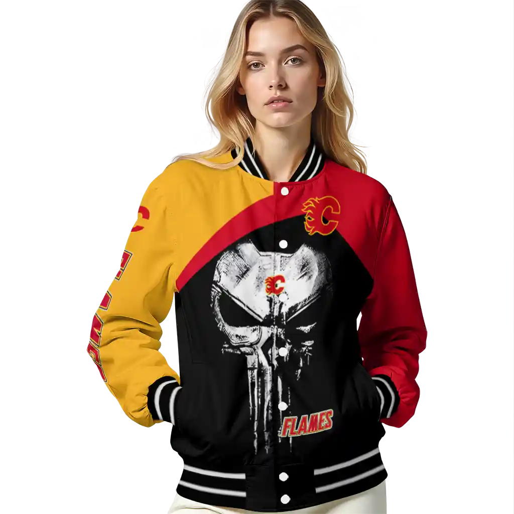calgary flames edgy mask red black varsity jacket latest model calgary flames edgy mask red black varsity jacket latest model