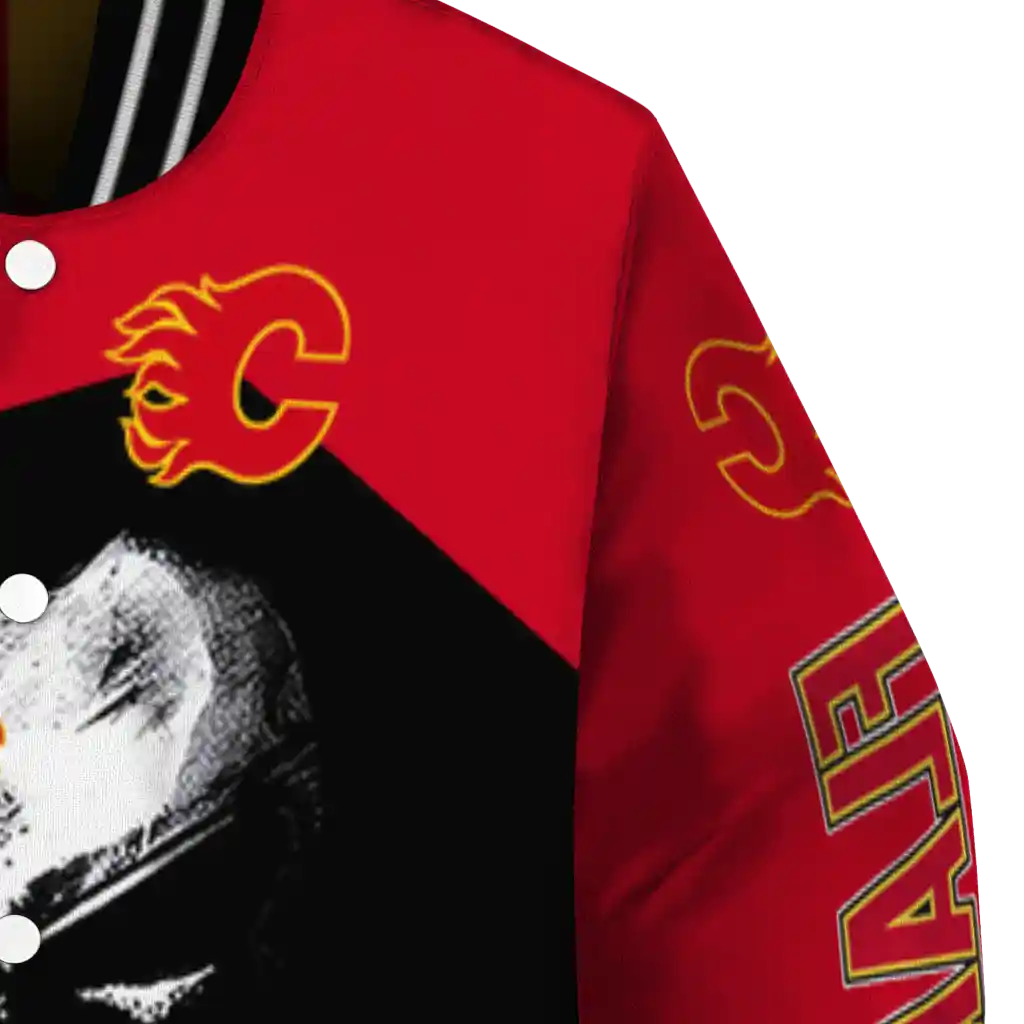 calgary flames edgy mask red black varsity jacket premium grade calgary flames edgy mask red black varsity jacket premium grade