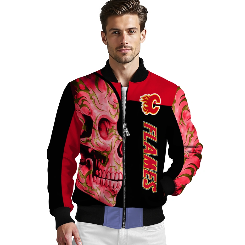 calgary flames fire skull red black bomber jacket high quality calgary flames fire skull red black bomber jacket high quality