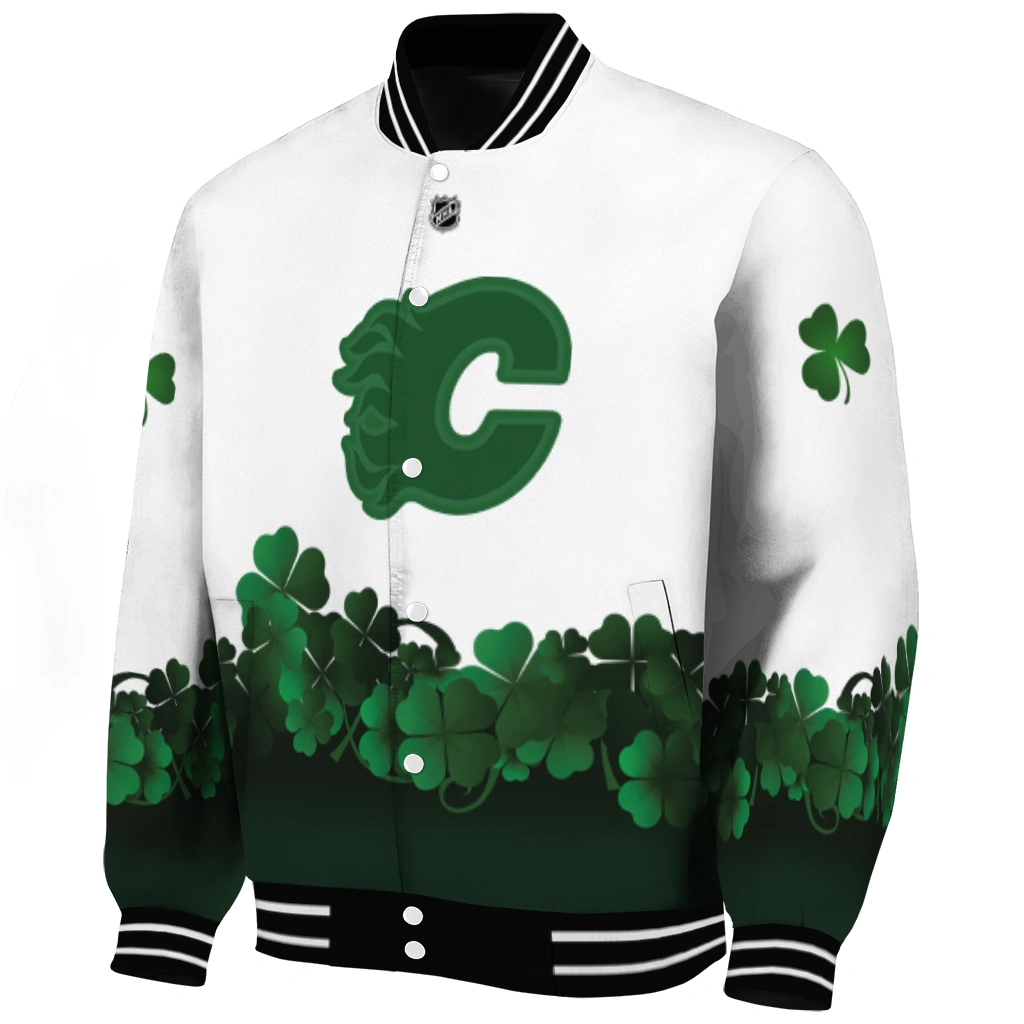 calgary flames lucky clovers white green varsity jacket best selling calgary flames lucky clovers white green varsity jacket best selling