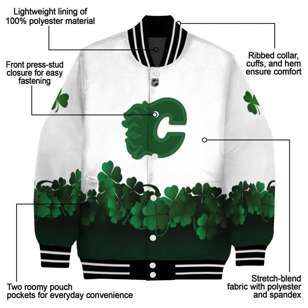 calgary flames lucky clovers white green varsity jacket new arrival calgary flames lucky clovers white green varsity jacket new arrival