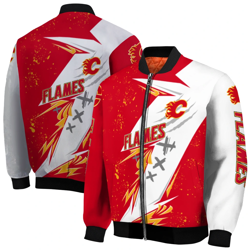 calgary flames ripped bolt red white bomber jacket best selling calgary flames ripped bolt red white bomber jacket best selling