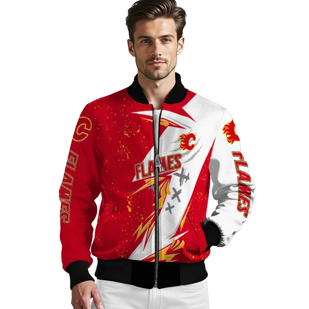 calgary flames ripped bolt red white bomber jacket high quality calgary flames ripped bolt red white bomber jacket high quality
