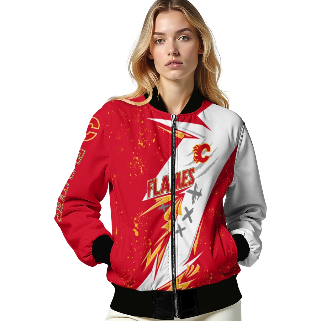 calgary flames ripped bolt red white bomber jacket latest model calgary flames ripped bolt red white bomber jacket latest model