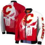 calgary flames skull outline red white bomber jacket best selling