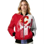 calgary flames skull outline red white bomber jacket best selling